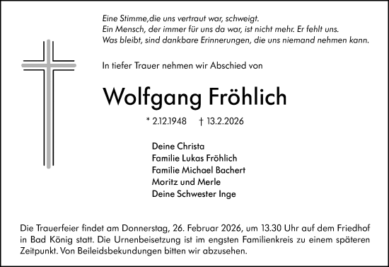 Traueranzeige von Wolfgang Fröhlich von Odenwälder Echo