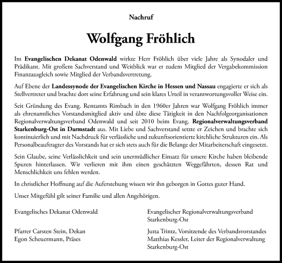 Traueranzeige von Wolfgang Fröhlich von Odenwälder Echo