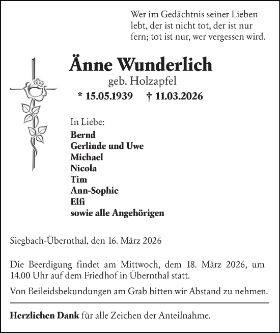 Traueranzeige von Änne Wunderlich von Dill Block 