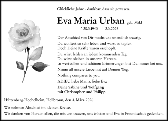 Traueranzeige von Eva Maria Urban von Wetzlarer Neue Zeitung