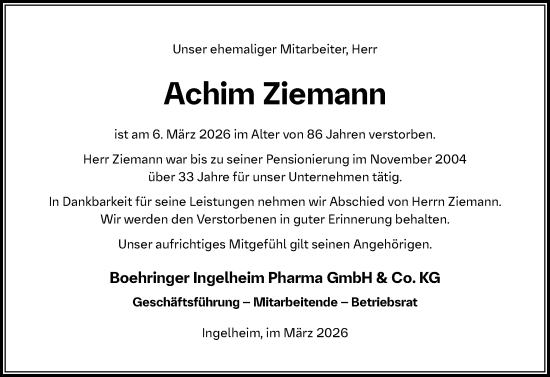 Traueranzeige von Achim Ziemann von Allgemeine Zeitung Rheinhessen-Nahe