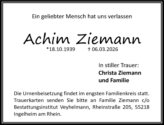 Traueranzeige von Achim Ziemann von Allgemeine Zeitung Rheinhessen-Nahe