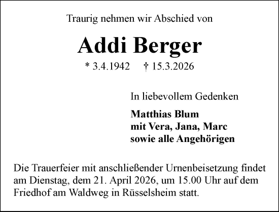 Traueranzeige von Addi Berger von Rüsselsheimer Echo