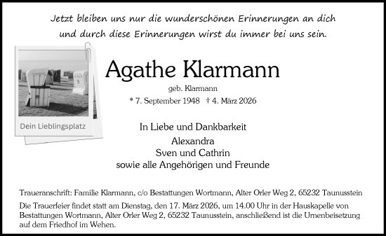 Traueranzeige von Agathe Klarmann von Rheingau-Taunus-Kreis Wochenblatt