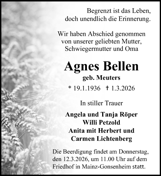 Traueranzeige von Agnes Bellen von Allgemeine Zeitung Mainz