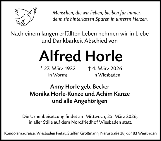 Traueranzeige von Alfred Horle von Wormser Zeitung
