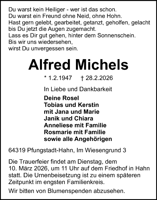 Traueranzeige von Alfred Michels von Darmstädter Echo