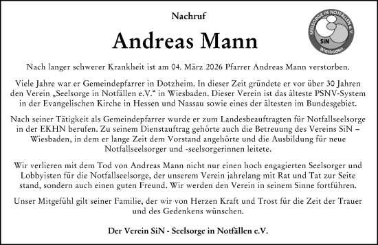 Traueranzeige von Andreas Mann von Wiesbadener Kurier