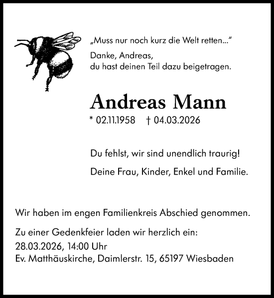Traueranzeige von Andreas Mann von Wiesbadener Kurier
