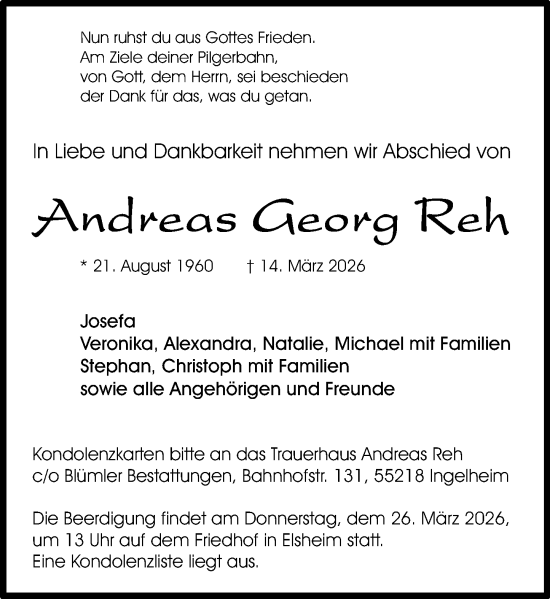 Traueranzeige von Andreas Georg Reh von Allgemeine Zeitung Mainz