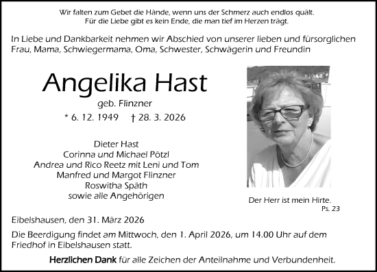 Traueranzeige von Angelika Hast von Dill Block