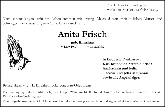 Traueranzeige von Anita Frisch von Allgemeine Zeitung Alzey