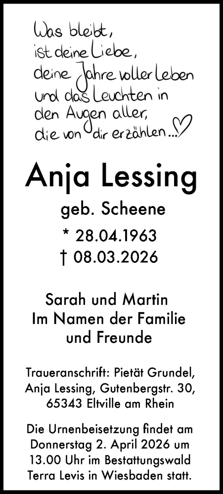 Traueranzeige von Anja Lessing von Wiesbadener Kurier