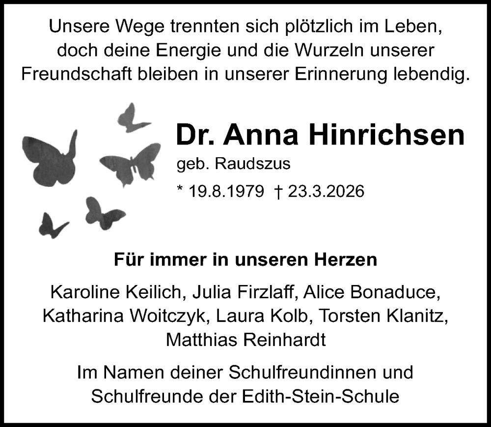  Traueranzeige für Anna Verena Hinrichsen vom 28.03.2026 aus Darmstädter Echo