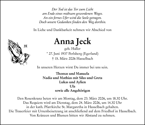 Traueranzeige von Anna Jeck von Camberger Anzeiger