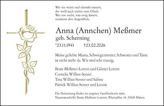 Traueranzeige von Anna Meßmer von Allgemeine Zeitung Mainz