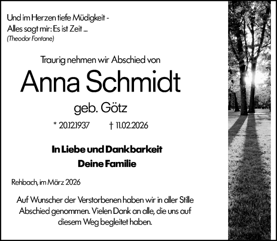 Traueranzeige von Anna Schmidt von Odenwälder Echo