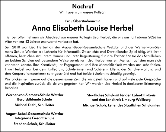 Traueranzeige von Anna Elisabeth Louise Herbel von Wetzlarer Neue Zeitung