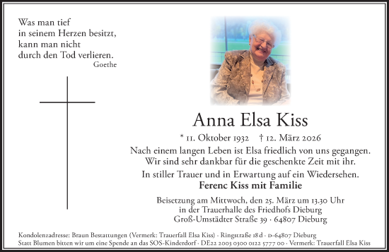 Traueranzeige von Anna Elsa Kiss von Dieburger Anzeiger/Groß-Zimmerner Lokal-Anzeiger