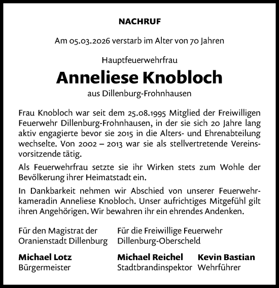 Traueranzeige von Anneliese Knobloch von Dill Block