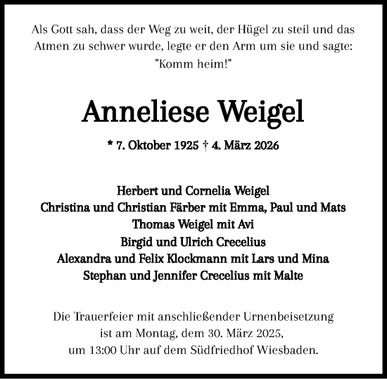 Traueranzeige von Anneliese Weigel von Wiesbadener Kurier