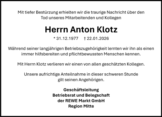 Traueranzeige von Anton Klotz von Darmstädter Echo