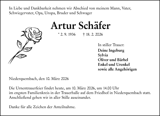 Traueranzeige von Artur Schäfer von Wetzlarer Neue Zeitung