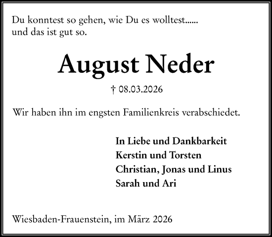 Traueranzeige von August Neder von Wiesbadener Kurier