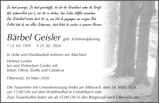 Traueranzeige von Bärbel Geisler von Wetzlarer Neue Zeitung