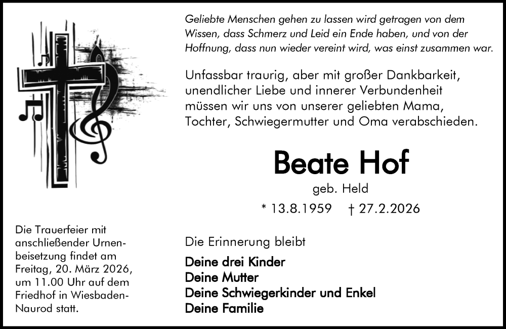  Traueranzeige für Beate Hof vom 07.03.2026 aus Wiesbadener Kurier