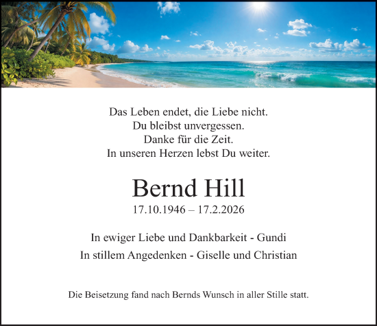 Traueranzeige von Bernd Hill von Wiesbadener Kurier