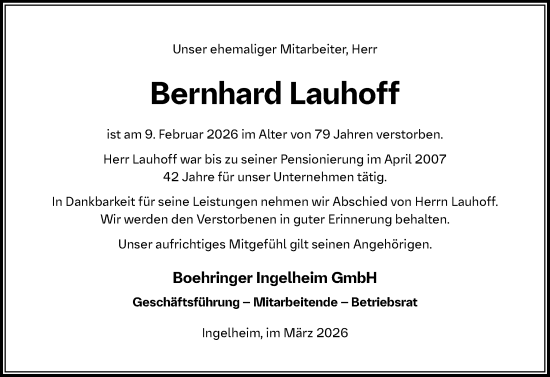 Traueranzeige von Bernhard Lauhoff von Allgemeine Zeitung Rheinhessen-Nahe