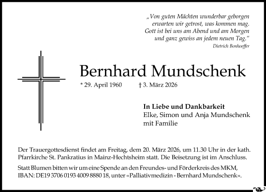 Traueranzeige von Bernhard Mundschenk von Allgemeine Zeitung Mainz