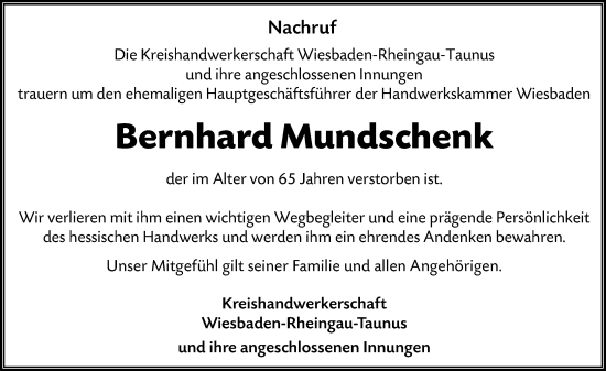 Traueranzeige von Bernhard Mundschenk von Wiesbadener Kurier