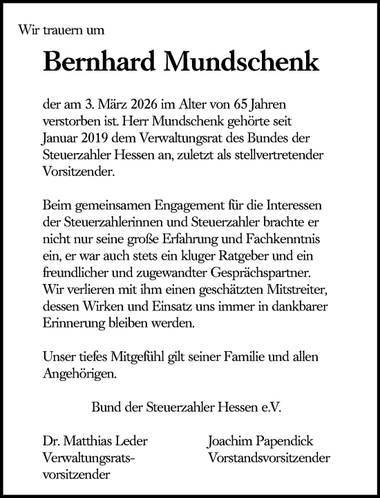 Traueranzeige von Bernhard Mundschenk von Wiesbadener Kurier