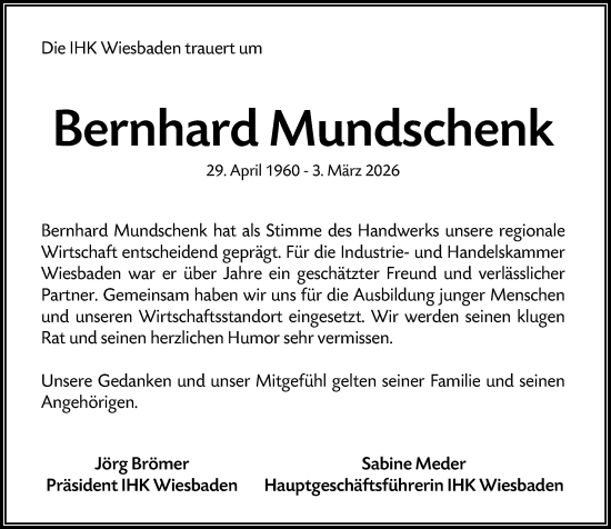 Traueranzeige von Bernhard Mundschenk von Wiesbadener Kurier