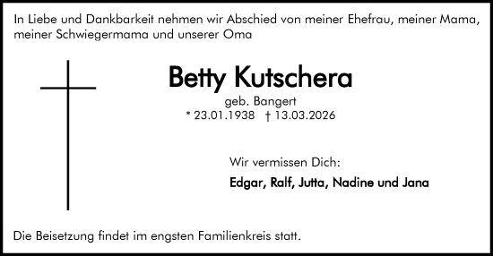 Traueranzeige von Betty Kutschera von Darmstädter Echo