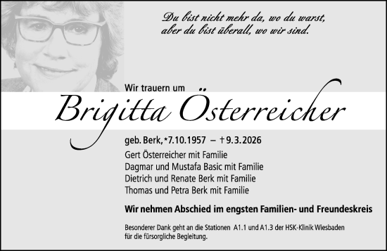 Traueranzeige von Brigitta Osterreicher von Wiesbadener Kurier