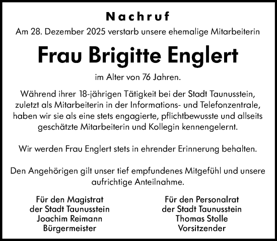Traueranzeige von Brigitte Englert von Rheingau-Taunus-Kreis Wochenblatt