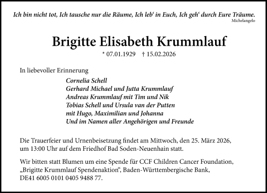 Traueranzeige von Brigitte Elisabeth Krummlauf von Wiesbadener Kurier