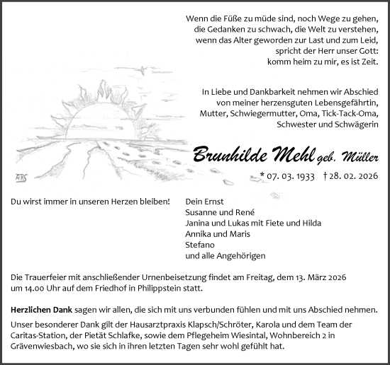Traueranzeige von Brunhilde Mehl von Wetzlarer Neue Zeitung