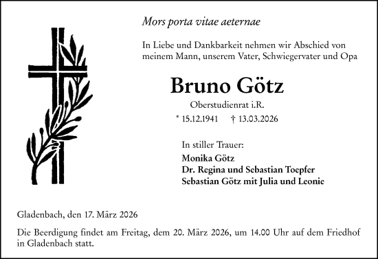 Traueranzeige von Bruno Götz von Hinterländer Anzeiger