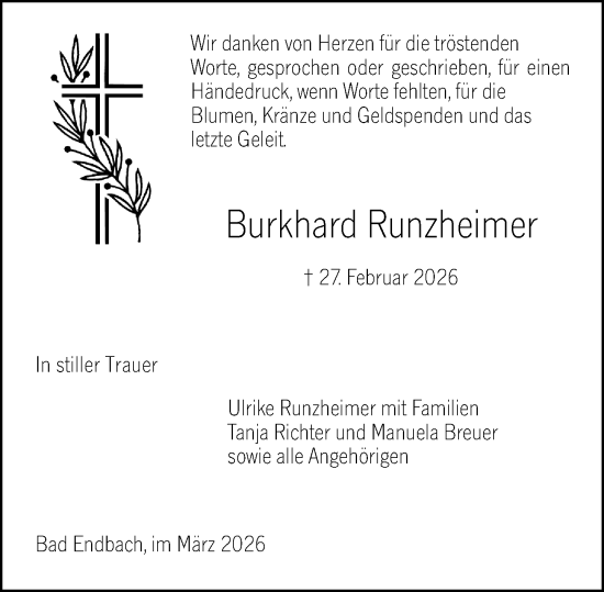 Traueranzeige von Burkhard Runzheimer von Hinterländer Anzeiger