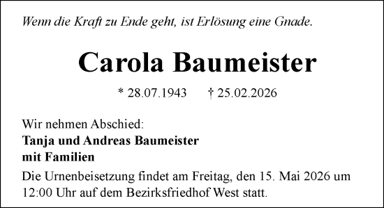 Traueranzeige von Carola Baumeister von Allgemeine Zeitung Mainz