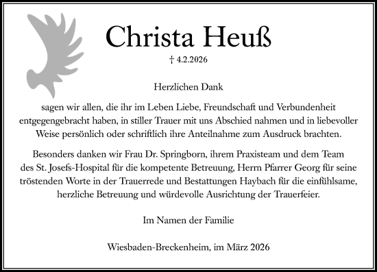 Traueranzeige von Christa Heuß von Wiesbadener Kurier
