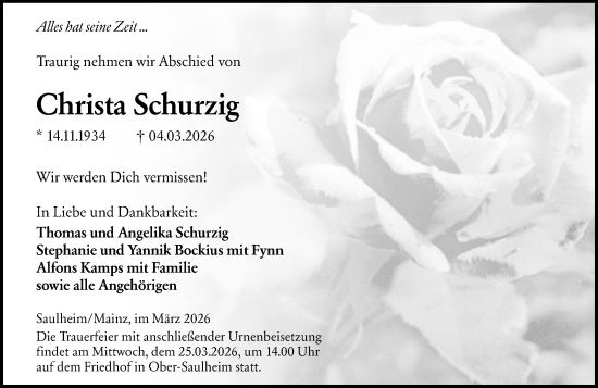 Traueranzeige von Christa Schurzig von Allgemeine Zeitung Mainz