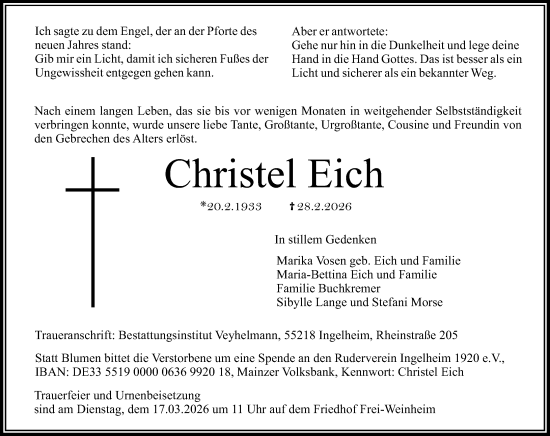 Traueranzeige von Christel Eich von Allgemeine Zeitung Rheinhessen-Nahe