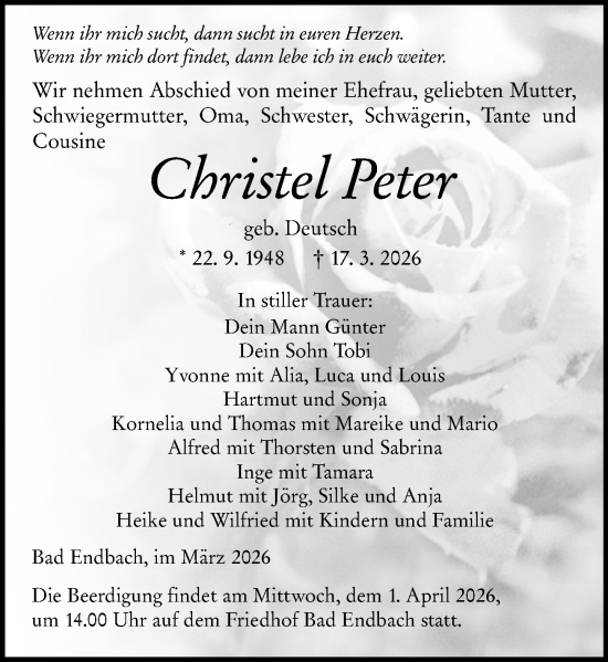 Traueranzeige von Christel Peter von Hinterländer Anzeiger