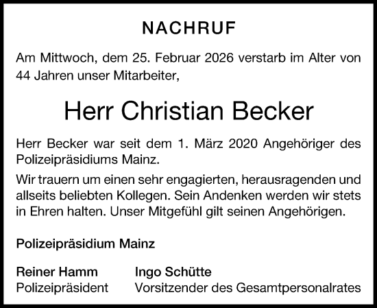 Traueranzeige von Christian Becker von Allgemeine Zeitung Mainz