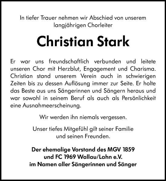 Traueranzeige von Christian Stark von Hinterländer Anzeiger